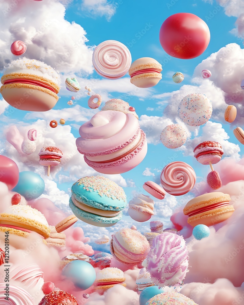 Whimsical 3D render of colorful macarons, candies, and sweets floating in a dreamy sky. Perfect for backgrounds, food blogs, or sweet-themed projects. Whimsical 3D render of colorful macarons, candies, and sweets floating in a dreamy sky. Perfect for backgrounds, food blogs, or sweet-themed projects.