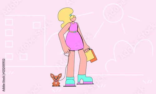 The image is in the form of a vector, which depicts a girl in a hypertrophied form. She is walking through the city, carrying shopping, and she is accompanied by a dog.