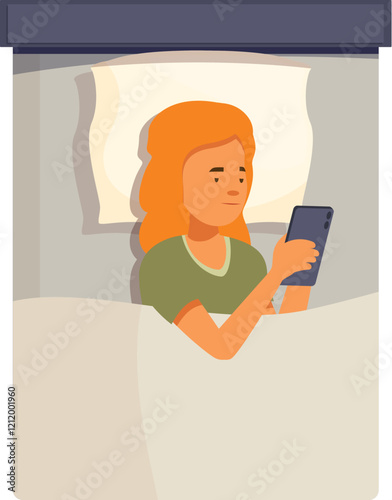 Girl lying in bed under blanket using mobile phone, late night chatting and browsing internet addiction concept