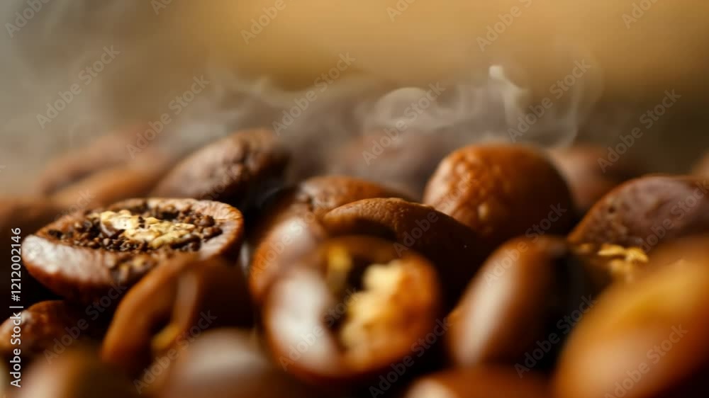 Roasted coffee beans releasing aromatic smoke Roasted coffee beans releasing aromatic smoke