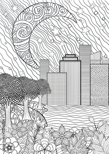 The image, made using the technique of linear drawing, represents a starry sky with a moon, a city landscape, and flowers. All the elements are made in a style that is often used to create meditative 