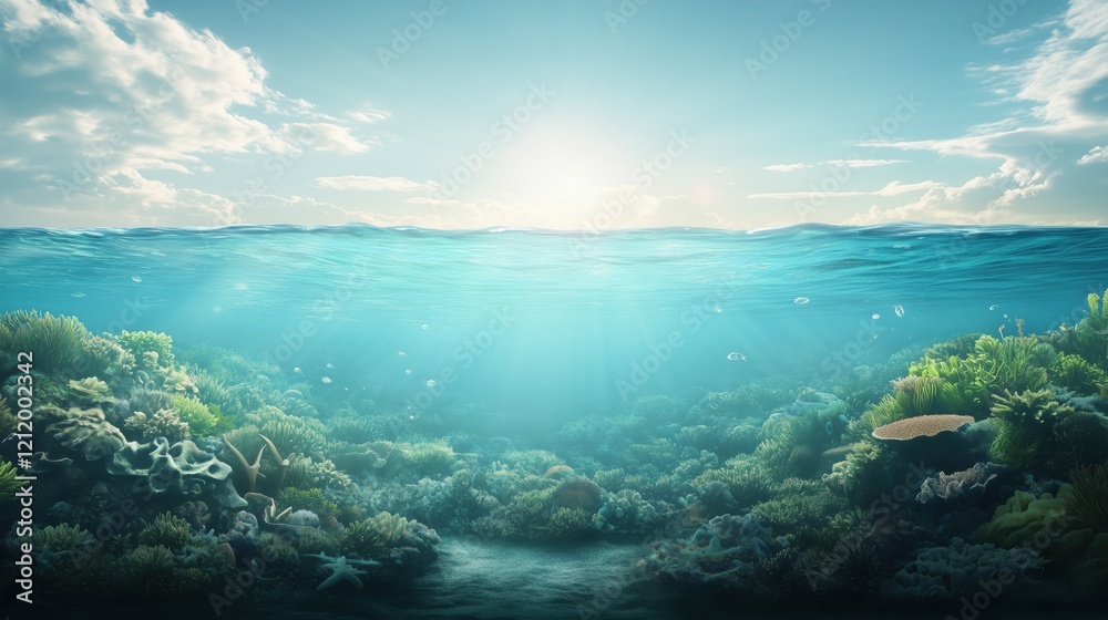 Fototapeta premium Sunlit underwater scene showcasing vibrant coral reefs.