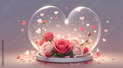 Romantic Heart-Shaped Pink Rose Bouquet: Enclosed in Transparent Heart with Floating Confetti and Petals
