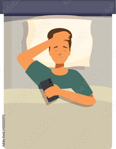Man holding smartphone and suffering headache from blue light, lying in bed at night
