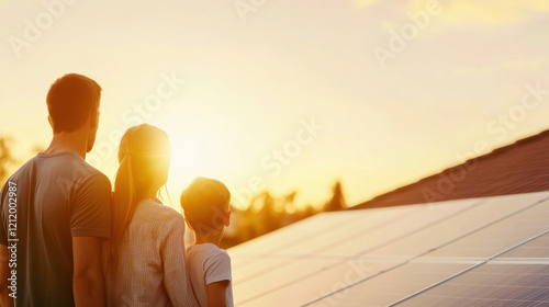 A family watches a sunset, with solar panels in the foreground, symbolizing sustainability and hope for a greener future.