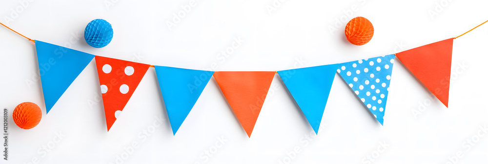 Fototapeta premium Colorful bunting party decoration with triangular flags in various hues, isolated on white background