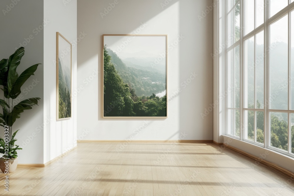 Fototapeta premium Minimalist Room with Nature Art and Large Windows and Greenery