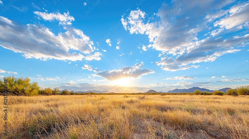 Sunset over desert grassland, mountains background, nature scene, travel poster Sunset over desert grassland, mountains background, nature scene, travel poster