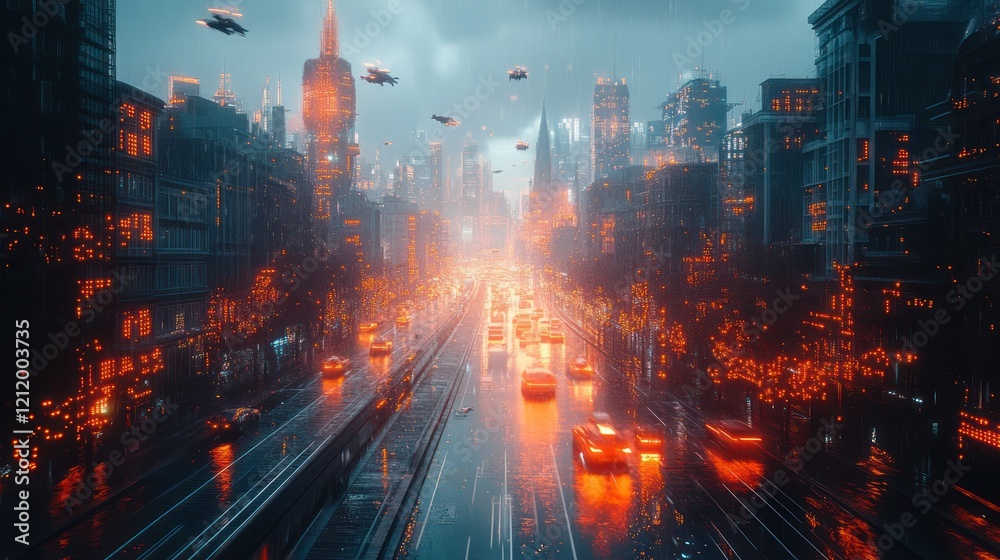 Fototapeta premium Cyberpunk Cityscape: Rain-slicked Streets and Flying Vehicles