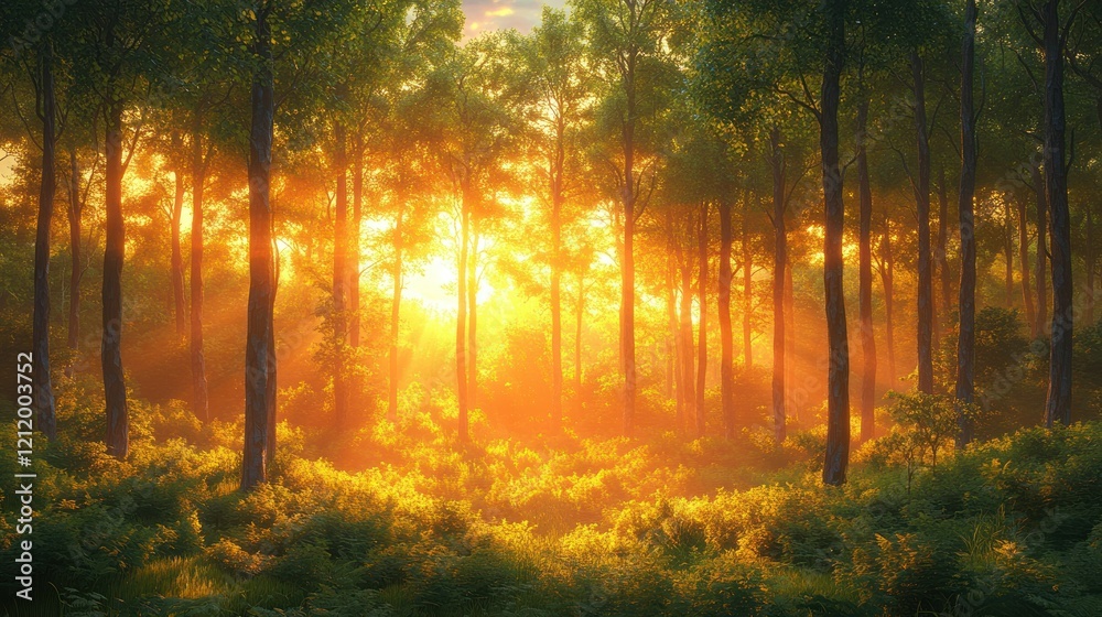 Obraz premium Golden Sunrise in the Enchanted Forest: A Mystical Dawn