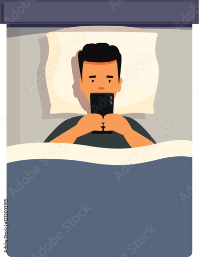 Young man using mobile phone in bed at night, suffering from sleeping disorder or insomnia