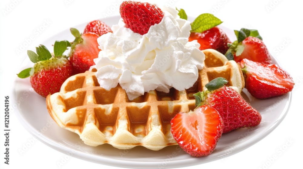 A plate of fluffy Belgian waffles topped with whipped cream and fresh strawberries, Each waffle's golden-brown surface and airy texture invitingly displayed A plate of fluffy Belgian waffles topped with whipped cream and fresh strawberries, Each waffle's golden-brown surface and airy texture invitingly displayed