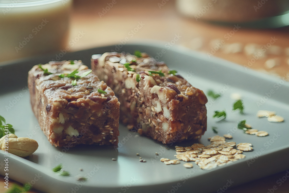 A close-up of a handmade protein bar, sliced to reveal its chewy, dense texture with nuts, seeds, and dried fruits. Rustic healthy concept. A close-up of a handmade protein bar, sliced to reveal its chewy, dense texture with nuts, seeds, and dried fruits. Rustic healthy concept.