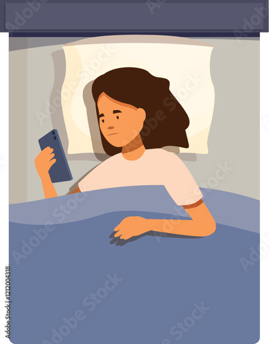 Woman using her smartphone in bed at night, suffering from insomnia or waiting for a message
