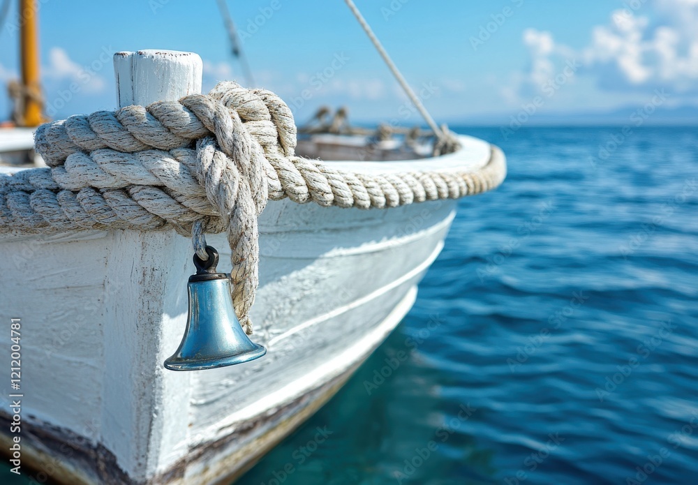 Obraz premium Tranquil Scene of a Boat Bell Tied with Rope on a Sunny Day by the Serene Blue Water in a Picturesque Coastal Setting