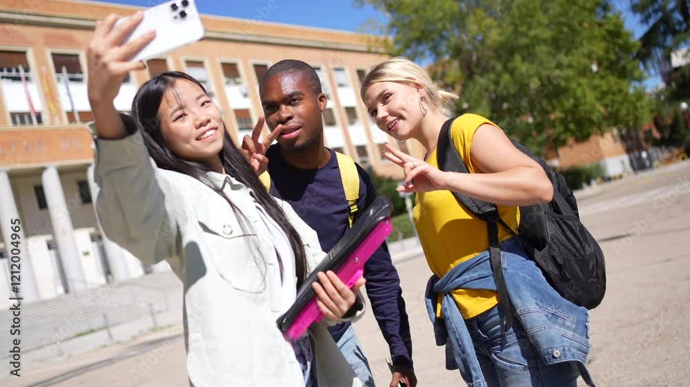 University students gesturing success while taking selfie at the campus University students gesturing success while taking selfie at the campus
