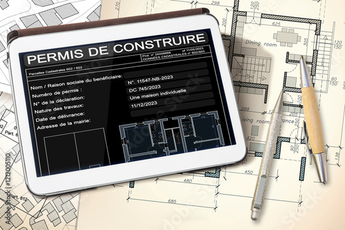 PERMIS DE CONSTRUIRE, BUILDINGS PERMIT CONCEPT ON DIGITAL TABLET - Residential building design, building activity and construction industry - French Language concept