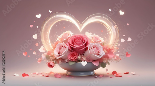 Romantic Bouquet in Glass Bowl: Red and Pink Roses with White Blossoms in Heart Shape on Soft Pink Background