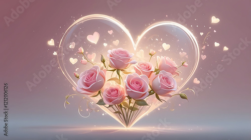 Romantic Heart-Shaped Pink Rose Bouquet: Enclosed in Transparent Heart with Floating Confetti and Petals