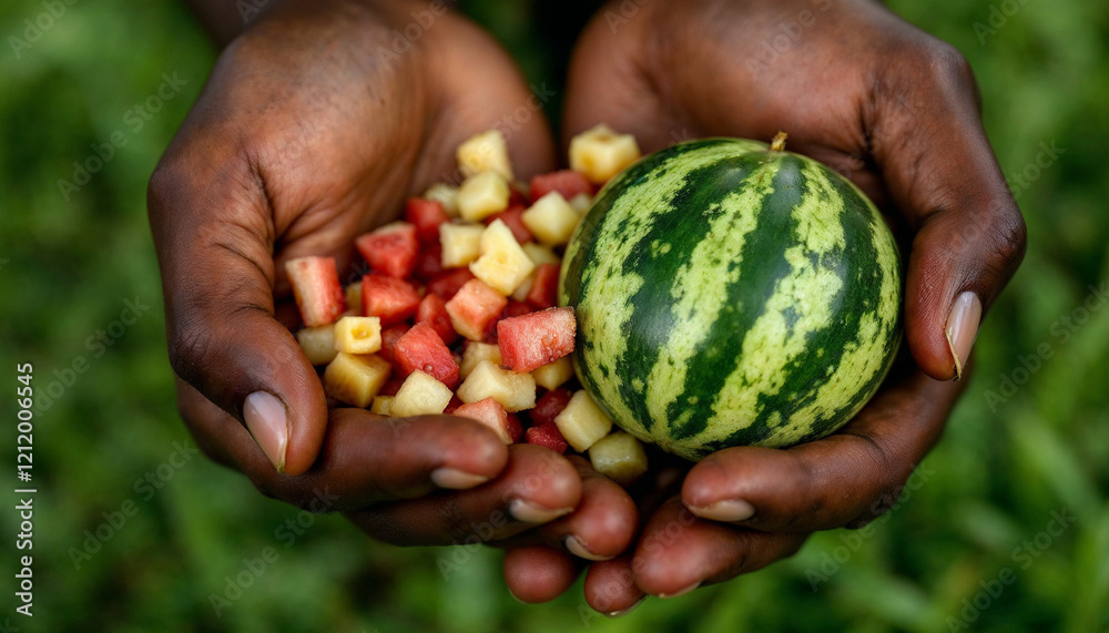 Watermelon on palm hands HD photo. Sliced watermelon on beautiful palm hands photo Watermelon on palm hands HD photo. Sliced watermelon on beautiful palm hands photo