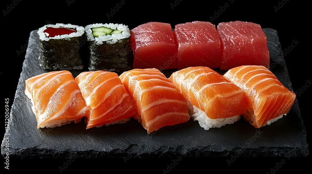 Sushi platter with nigiri, maki, and tuna on dark slate plate Sushi platter with nigiri, maki, and tuna on dark slate plate