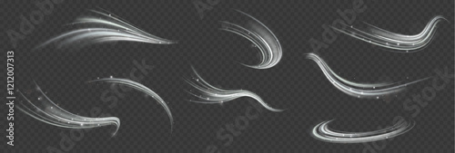Creative vector illustration of flying cosmic meteor, planetoid, comet, fireball isolated on transparent background. Effect, png, wave,neon,line. Light arc in neon colors, in the form of a turn.  