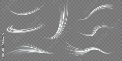 Creative vector illustration of flying cosmic meteor, planetoid, comet, fireball isolated on transparent background. Effect, png, wave,neon,line. Light arc in neon colors, in the form of a turn.  