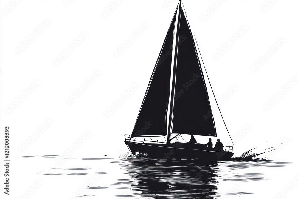 Fototapeta premium Silhouette of sailboat with people sailing on calm water.