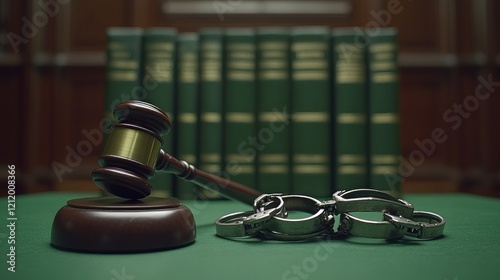 Gavel, handcuffs, law books, courtroom, justice photo