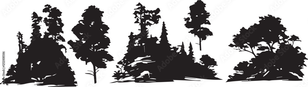 Fototapeta premium A set of tree silhouettes for flat design. Hand drawn vector illustration