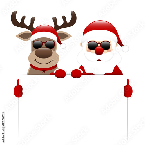 Rentier Und Weihnachtsmann Sonnenbrille Halten Schild Dunkelrot
