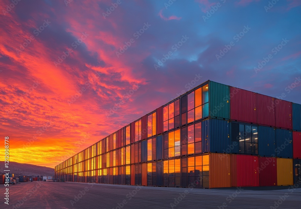 Fototapeta premium Vibrant Sunset Over Industrial Building with Colorful Shipping Containers Reflecting in the Windows Creating a Stunning Urban Landscape at Dusk