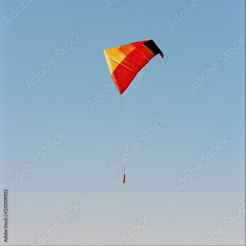 Colorful kite soaring against clear blue sky photo