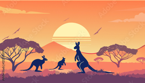Kangaroos in the wild at sunset. Vector illustration.