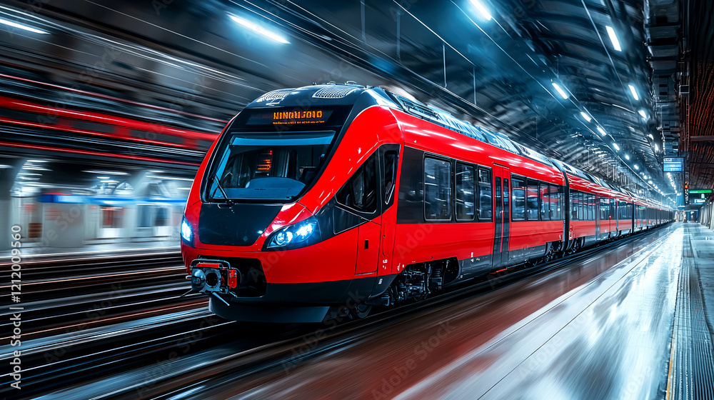 Naklejka premium High-Speed Train: A Journey of Speed and Modernity. Red train speeding through a modern railway station