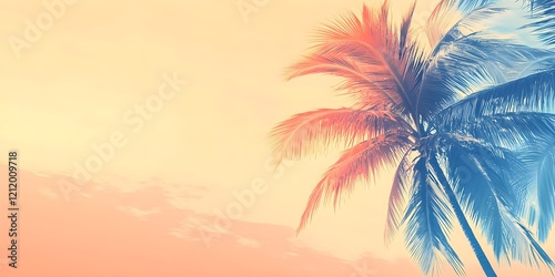 refreshing summer banner, beach palms, minimalistic, rose orange blue tones, light