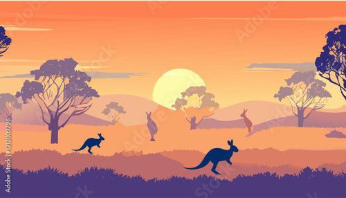 Landscape with kangaroos and sunset. Vector illustration.