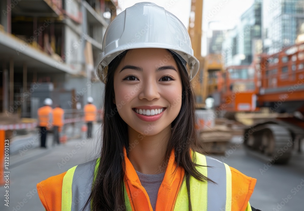 Young Female Construction Worker Smiling at the Camera in a Bright Hard Hat and Safety Vest on a Busy Urban Construction Site Young Female Construction Worker Smiling at the Camera in a Bright Hard Hat and Safety Vest on a Busy Urban Construction Site