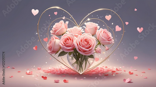 Enchanted Heart-shaped Pink Rose with Glowing Hearts: Romantic and Dreamy Floral Fantasy