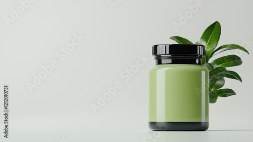 Wallpaper Mural Green supplement bottle, leaves, white background; health product mockup Torontodigital.ca