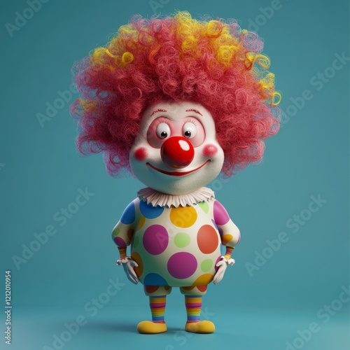 Colorful cartoon clown character with curly hair and polka dots