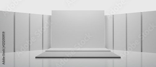 3d booth kios illustration rendering, Exhibition podium pedestal stand event stage for mockup a Display design, trade show for retail product on white background photo