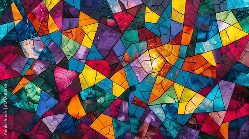 Colorful mosaic of broken glass pieces. Stained glass window. Abstract background. photo