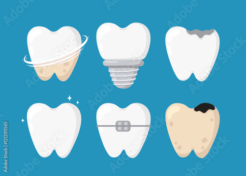 Set of teeth with braces, with plaque and caries, dental implant, cleaning and whitening, cracked, healthy. Dental care, orthodontics, treatment and oral hygiene concept. Vector flat icon illustration