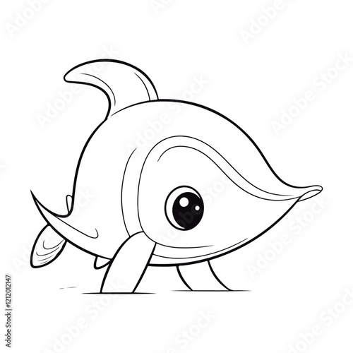 A black and white drawing of a baby Blue whale kawai coloring page illustration.