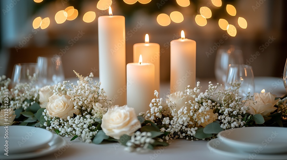 An exquisite table layout with candles in a restaurant, emphasizing a romantic dinner ambiance. An exquisite table layout with candles in a restaurant, emphasizing a romantic dinner ambiance.
