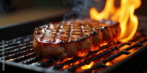 Pan-seared steak on a flaming grill with a golden-brown crust and caramelized edges, intense, umami, meaty