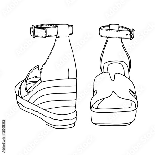 Women's Espadrilles Wedge Platform Sandals Comfortable Slip On Slides line art, Technical sketch hand drawing outline vector doodle front and rear view isolated on white background for coloring page