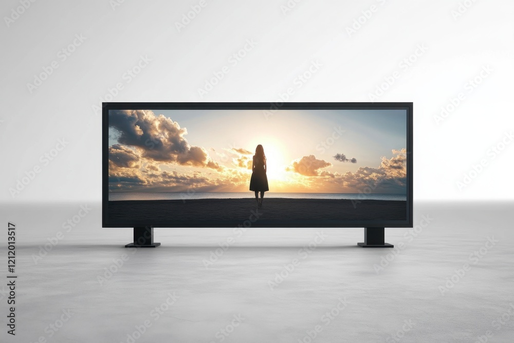Fototapeta premium Woman Standing Before Digital Billboards at Sunset Over Ocean