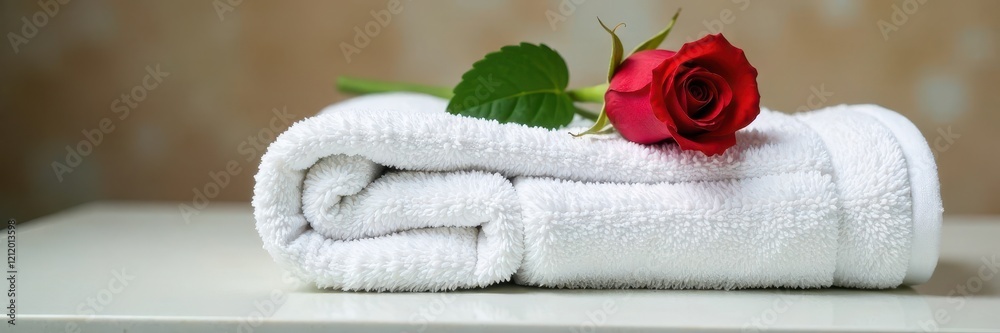 Perfectly rolled white bath towel, single red rose on top, hotel, red rose Perfectly rolled white bath towel, single red rose on top, hotel, red rose
